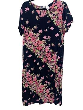 LA Cera Dress Womens Large Black Floral Beaded Rayon Feminine Resort Pockets